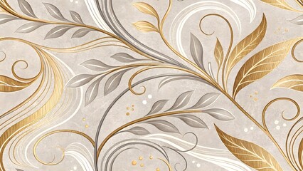 Elegant golden and silver swirling floral pattern on beige background