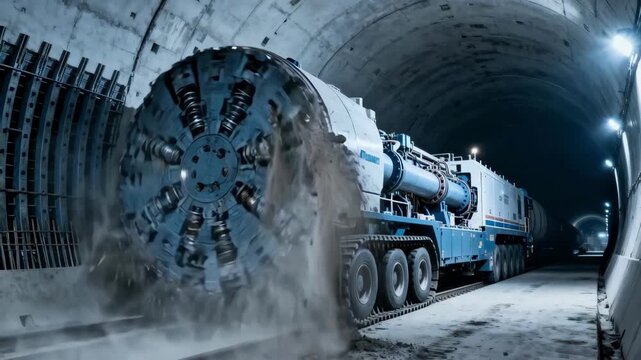 Side view of a tunnel boring machine advancing inside a reinforced tunnel lining emphasizing engineering precision and steady progress in an urban underground project.
