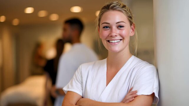 Friendly spa staff member smiling in a relaxing wellness center during a busy day providing services to clients
