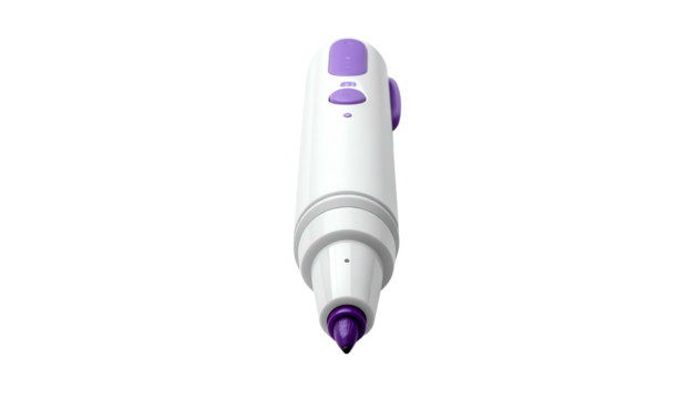 A white and purple electronic pen-like tool, top-down view, set against a black backdrop