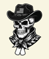 Skull wearing cowboy hat with american flag and military uniform in black and white vector art