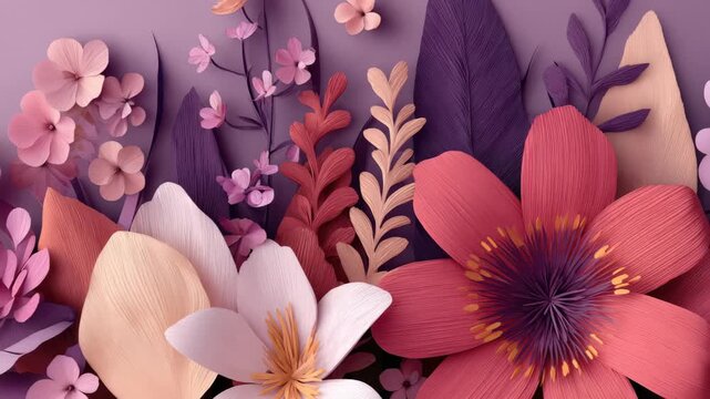 Colorful paper flowers arranged beautifully on a purple background for a decorative display in springtime