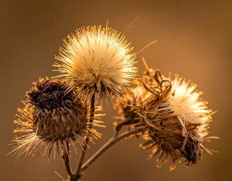 Close-up view of dry burdock seed heads illuminated by warm sunlight against a soft background - Powered by Adobe