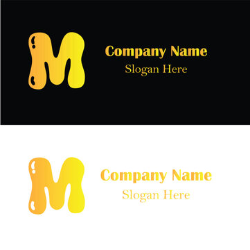 Naklejki Yellow bubbly letter m logo design with company name and slogan on black and