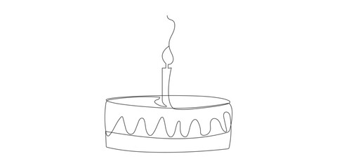 One line birthday cake drawing, minimalist continuous single line art with candle on white background, vector illustration