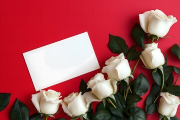 White roses arranged beside blank card with copy space on red background  