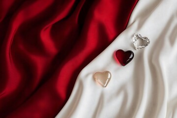 Colorful heart shapes on red and white satin fabric  
