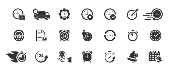 Time glyph solid icon set. Containing clock, hours, calendar, alarm, stopwatch. Timer, alarm clock, wristwatch, smart watch, hourglass, schedule. Vector illustration