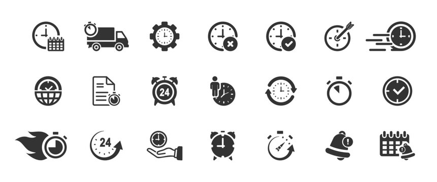 Time glyph solid icon set. Containing clock, hours, calendar, alarm, stopwatch. Timer, alarm clock, wristwatch, smart watch, hourglass, schedule. Vector illustration