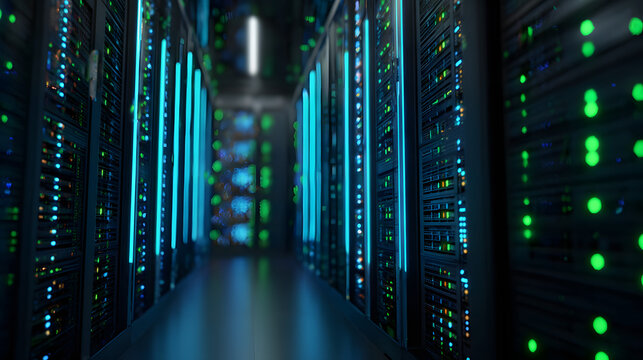 Working data center servers blinking with blue and green lights