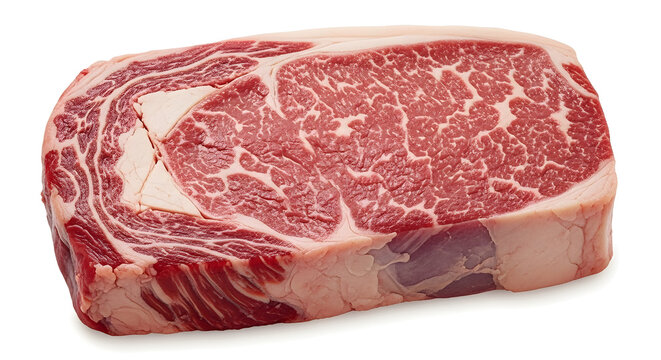 A raw ribeye steak with a lot of marbling isolated on white background, ready to be cooked and eaten