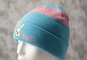 Fototapeta premium Pastel Easter Beanie with Bunny Design on Mannequin Head.