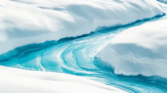 Flowing glacial stream under bright winter sun, creating a mesmerizing blue and white natural pattern