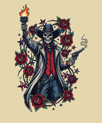 Skeleton cowboy holding torch and gun surrounded by roses and stars on a beige background