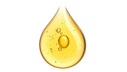 Isolated macro view of a droplet of golden liquid with bubbles, set against a black background