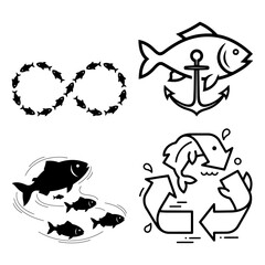 Collection of four fishthemed illustrations with anchor, infinity, and recycle symbols