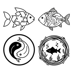 Collection of four unique fish designs, including recycle symbol and yin yang