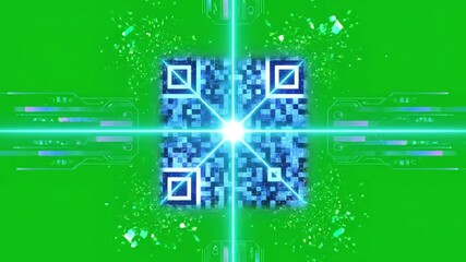 Chroma Key Overlay Element with qr code scanner animation on green screen futuristic barcode quick response scanning bar distortion, overlay, glitch, static noise, scan lines black background, 4k - Powered by Adobe
