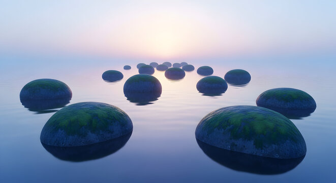 Zen stones in water with moss at sunset create a peaceful and meditative atmosphere at dusk - Powered by Adobe