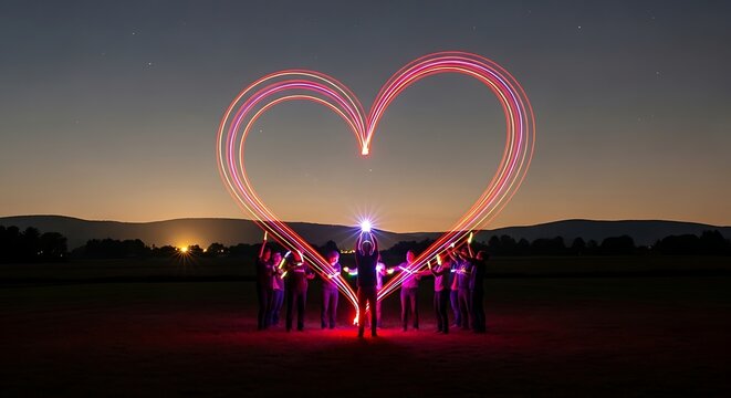 Light Painting Heart Shape Night Sky Group of People Outdoor - Powered by Adobe