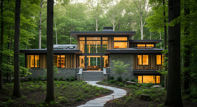 Sustainable home surrounded by trees - Powered by Adobe