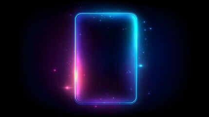 Glowing rectangular frame with neon light gradient and sparkling particles against a dark background