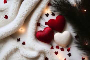 Red and white heart decorations on cozy blanket with fairy lights  