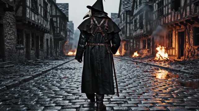 In a historic town, a mysterious figure roams down cobblestone streets lined with weathered buildings. Flames dance in the shadows, illuminating the eerie ambiance as night deepens.