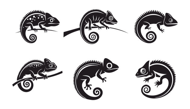 Six vector illustrations of chameleons in black silhouette on white background