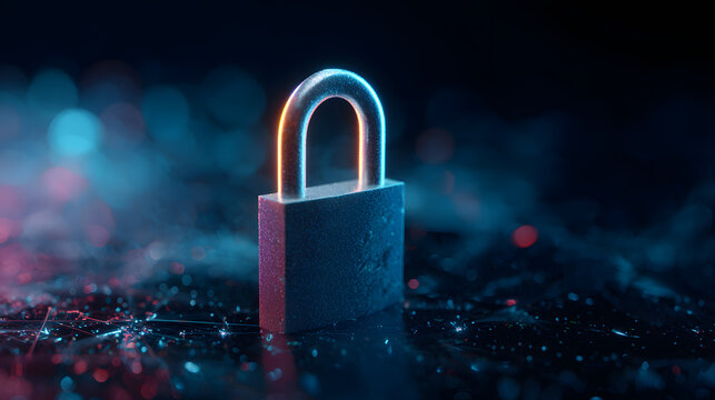 Digital padlock with glowing edges on a dynamic abstract background, embodies cybersecurity concept. Generative AI - Powered by Adobe