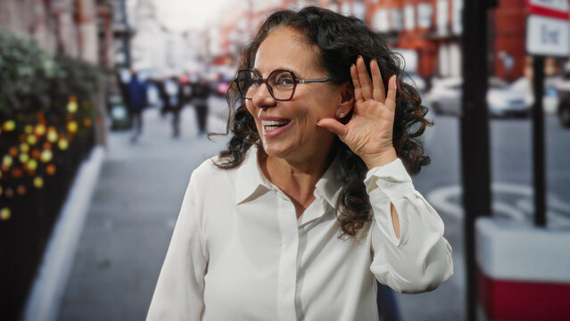 Woman wearing glasses listening on city street with curly hair and white shirt in an outdoor urban area.