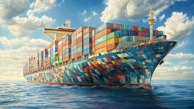 Colorful Cargo Ship Sailing on the Ocean Under a Cloudy Sky