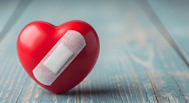 A red heart with a bandage on a blue wooden surface, symbolizing healing and recovery - Powered by Adobe
