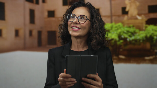 Middle-aged hispanic woman holding tablet outdoors in charming old town street with rustic architecture and vibrant foliage surrounding.