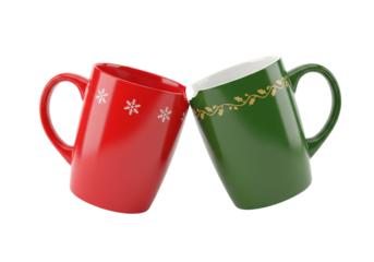 Holiday Cheers: Red and Green Festive Mugs Clinking Together on White Background