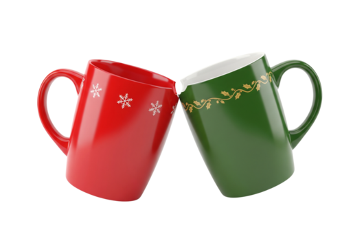 Holiday Cheers: Red and Green Festive Mugs Clinking Together on White Background