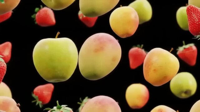 Assorted Fruit Flying in Dark Background.