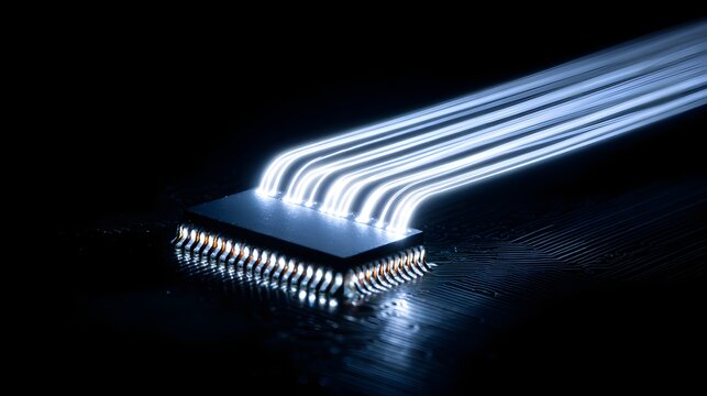 Glowing data streams flow outward from a microchip on a dark circuit board surface