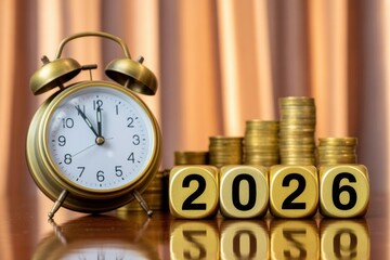 Financial planning for new year success, Golden clock and coins with 2026 number blocks symbolizing financial planning for new year success