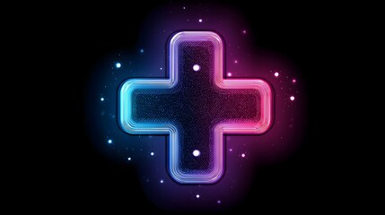 Obraz premium Glowing neon plus sign design element radiates vibrant blue and magenta light against a dark backdrop