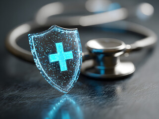 A digital shield with a medical cross symbol sits on a stethoscope, representing the importance of protecting patient data and ensuring secure healthcare practices. new image