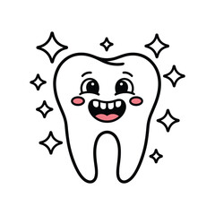 A happy cartoon tooth with a wide smile and pink cheeks surrounded by sparkling stars smiling character.