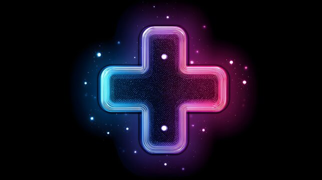 Glowing neon plus sign design element radiates vibrant blue and magenta light against a dark backdrop
