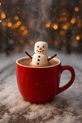 Red mug with smiling snowman marshmallow in hot chocolate, cozy christmas lights in background