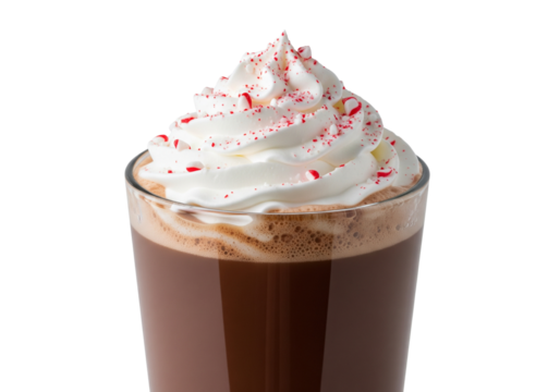 Festive Peppermint Hot Chocolate with Whipped Cream and Candy Cane Sprinkles Isolated on White - Powered by Adobe