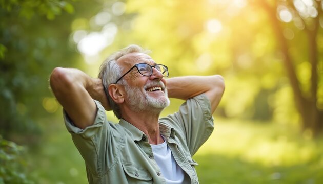 Elderly man with glasses relaxes outdoors with hands behind head, smiling. Mature male enjoys peaceful nature, sunshine, fresh air, contemplating life in park, feeling happy. Active retirement,