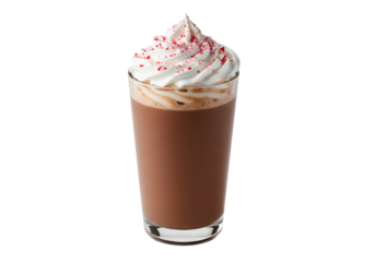 Festive Peppermint Hot Chocolate with Whipped Cream and Candy Cane Sprinkles on White Background