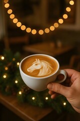 Latte style coffee cup with horse design in foam, cozy warm light, festive bokeh background