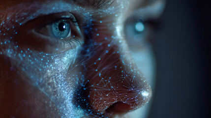 Womans Face With Digital Biometric Facial Recognition, Technology Concept in Dark Room