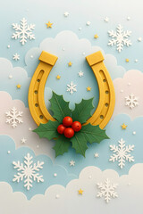 Golden horseshoe with holly berries and snowflakes symbolizing Christmas luck on light blue background